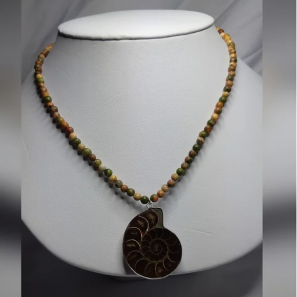 Unakite and Ammonite Beaded Unisex Necklace - Picture 1 of 7